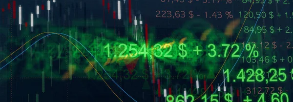 Stock Market banner with share prices, charts and green reflections on the screen. Stock Exchange, trading, financial figures and business concept, 3D illustration.