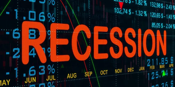 Recession, economic slow down. Screen with numbers, financial figures, stock prices, percentage signs, chart and lines. The word recession in red. Weak economy, depression era, social issue and crisis. 3D illustration