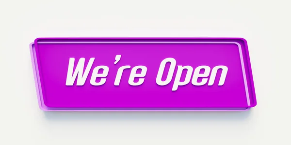我々は開いている メッセージと紫のバナーを 私たちは開いている お知らせメッセージ オープンサイン 通知アイコン 商業記号とビジネス — ストック写真
