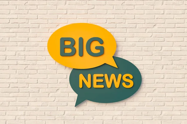 stock image Big news. Sign, speech bubble, text in yellow and dark green against a brick wall. Message, Phrase, Information and saying concepts. 3D illustration