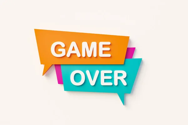 Game over. Speech bubble in orange, blue, purple and white text. Video gaming and sport match concept. 3D illustration