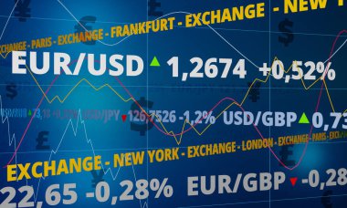 EUR / USD, EUR / GBP, USD / JPY gibi para birimleri, mavi arkaplanda beyaz, grafik ve para birimi sembolleri fiyatları. Fotoğraf 