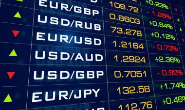 Döviz çiftleri için takas oranları. EUR / USD, EUR / JPY veya USD / GBP. Döviz kurunda paravan ticareti. Konsept, 3B illüstrasyon.