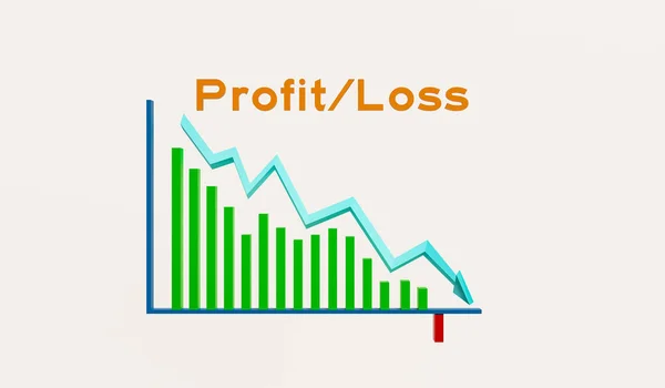 Profit and Loss - Business concept. Green profit and loss bar chart declines and changes to negative results. Business, profitability and amortization. 3D illustration