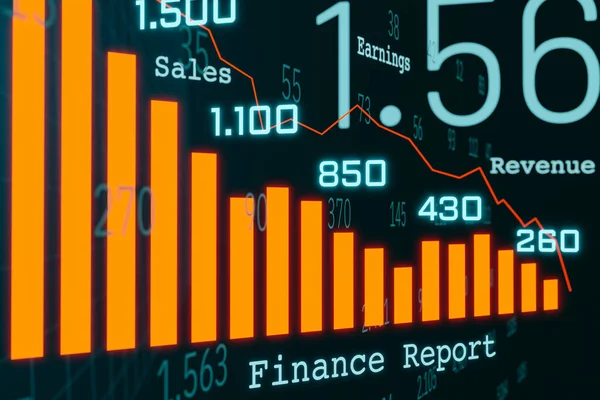 Financial report, chart decreases. Sales report and revenue statistic. Falling chart with columns, lines, financial figures, sales or revenue report, earnings and business.
