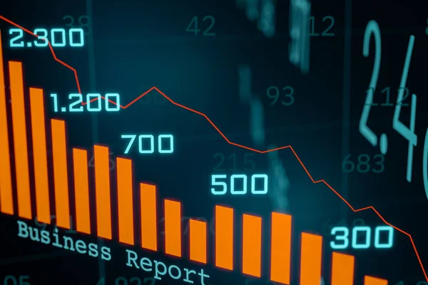 Business chart falls. Sales report and revenue statistic. Falling chart with columns, lines and financial figures. Sales or revenue report, earnings and business concept.