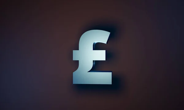 British Pound currency symbol. British Pound, single GBP currency symbol in glossy white bluish metallic on a dark background. 3D illustration