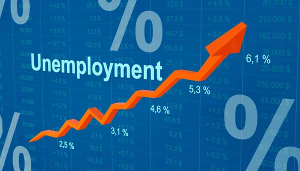 失业率上升 红色箭头向上移动 以财务数据为背景的表格 萧条时期 经济放缓 经济疲软 失业和社会问题 — 图库照片