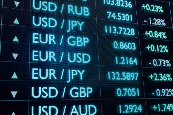 Currency rates on a trading monitor with daily changes. Currencies like USD, EUR, GBP, JPY or AUD. Currency Exchange concept. 3D illustration