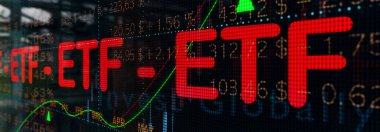 ETF Global, Ticaret Fonları. Finansal rakamlar, alıntılar ve yüzdelerle kapatılan borsa ekranı. Borsa, ETF (Borsa Ticaret Fonları), yatırım fonları konsepti. 3B illüstrasyon