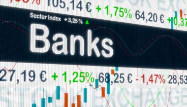 Ekranda fiyat bilgisi ve yüzde değişiklikleriyle bankacılık sektörü. Borsa, iş ve ticaret konsepti. 3B illüstrasyon