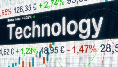 Fiyat bilgisine, piyasa verilerine ve ekran fiyatlarındaki yüzde değişikliklerine sahip teknoloji sektörü. Borsa, teknoloji stoku, iş ve ticaret konsepti. 3B illüstrasyon