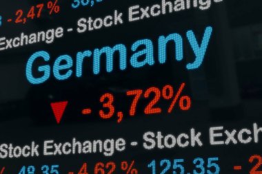 Alman Borsası - Yüksek gün kaybı. Almanya Borsası Ticker. Alman pazarında güçlü bir düşüş. Eksi yüzde işareti kırmızıyla. Borsa konsepti. 3B illüstrasyon