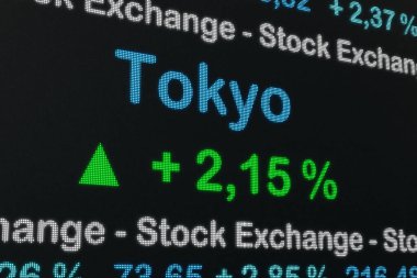 Tokyo stock exchange moving up. Japan, Tokyo positive stock market data on a trading screen. Green percentage sign, ticker information. Stock exchange concept. 3D illustration clipart