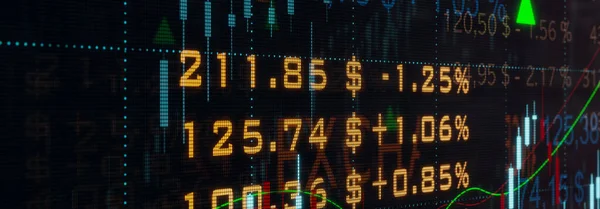 Giełda Ekran Obrotu Akcjami Kwotowaniami Zmianami Procentowymi Cenami Symbolem Waluty — Zdjęcie stockowe