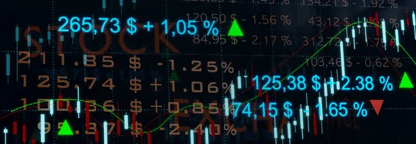 Börse Charts Börsendaten Und Usd Währungssymbol Bildschirm Mit Notierungen Prozentsätzen — Stockfoto