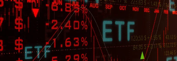 Etf投資 取引所取引資金 決算赤色の照光式取引画面財務数値 引用符 株式市場 Etf取引 投資ファンドの概念 3Dイラスト — ストック写真