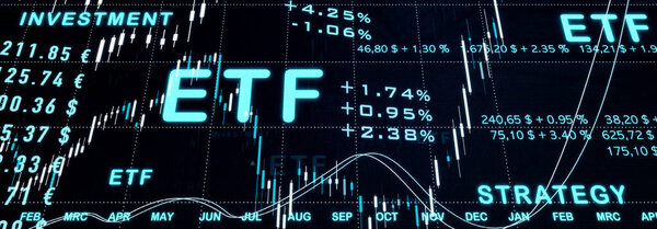 ETF с котировками, процентами знаков, графиками, финансовыми показателями. Фондовый рынок и биржа, ETF (Биржевые фонды), инвестиционные фонды, торговая и бизнес-концепция. 3D иллюстрация