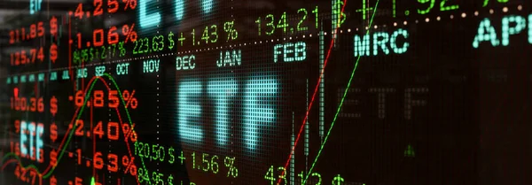 Investeringar Etf Exchange Traded Funds Närbild Handelsskärm Finansiella Siffror Citat — Stockfoto