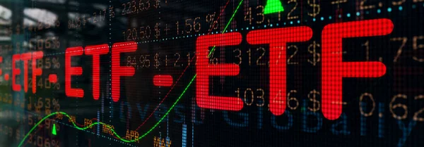 ETF global, Exchange Traded Funds.  Close-up stock market screen with financial figures, quotes and percentages. Stock market, ETF (Exchange Traded Funds), investment funds concept. 3D illustration