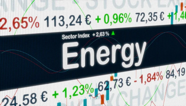 Energy sector with price information, market data and percentage changes in prices on a screen. Stock exchange, business and trading concept. 3D illustration