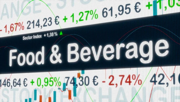 Food and Beverage sector with price information, market data and percentage changes in prices on a screen. Stock exchange, business and trading concept. 3D illustration