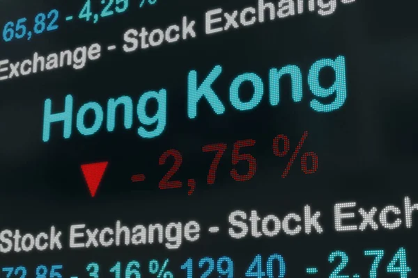 China, Hong Kong stock exchange moving down.Negative stock market data on a trading screen. Red percentage sign and ticker information. Stock exchange concept. 3D illustration