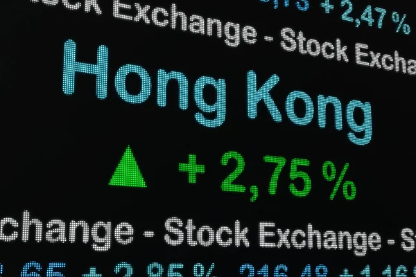 China, Hong Kong stock exchange moving up. Positive stock market data on a trading screen. Green percentage sign and ticker information. Stock exchange concept. 3D illustration