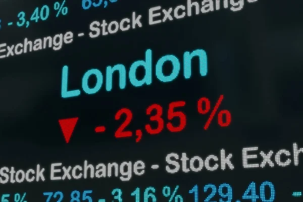 Great Britain, London stock exchange moving down Negative stock market data on a trading screen. Red percentage sign and ticker information. Stock exchange concept. 3D illustration