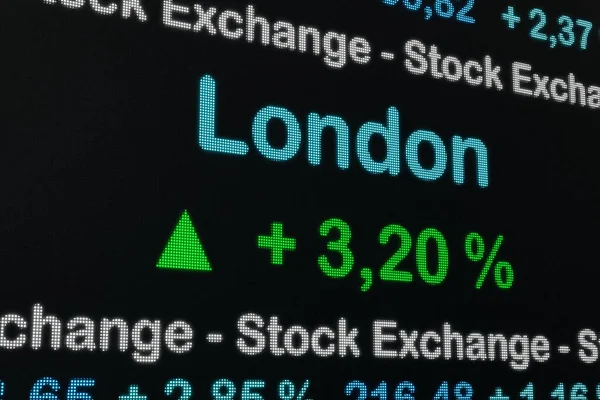 Great Britain, London stock exchange moving up. Positive stock market data on a trading screen. Green percentage sign and ticker information. Stock exchange and business concept. 3D illustration