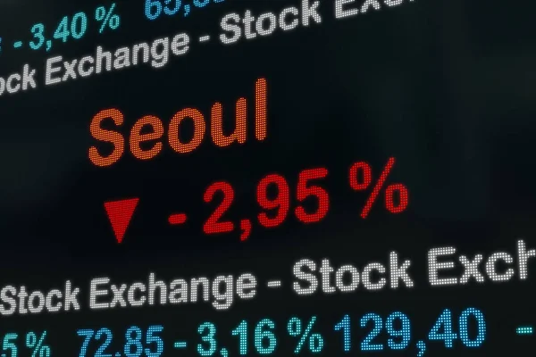 韩国首尔证交所下跌 股市负数据 交易屏风 红色的百分比标志 发痒的信息 证券交易所概念 3D插图 — 图库照片