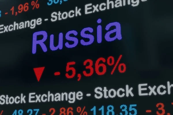 ロシアの証券取引所を閉鎖 ロシアの株式市場データ取引画面上 赤のパーセント記号とティッカー情報 証券取引所の概念 3Dイラスト — ストック写真