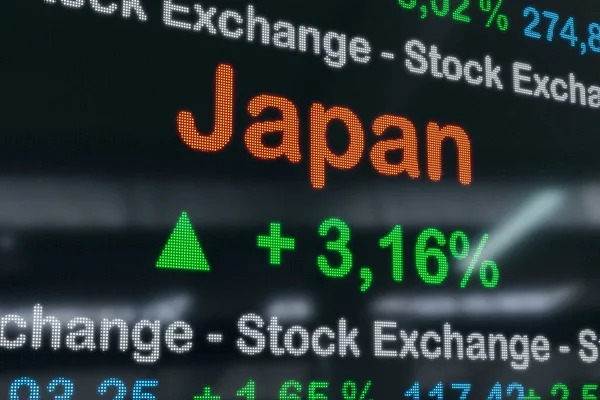 日本股票交易所上涨 日本股市的正面数据出现在交易屏幕上 绿色的百分比标志和更多的信息 证券交易所概念 3D插图 — 图库照片
