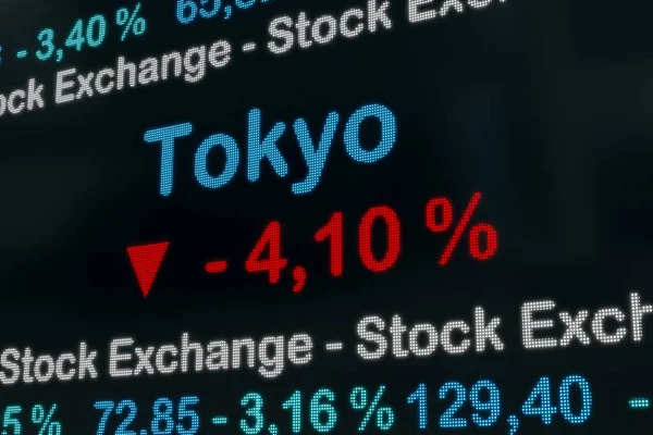 東京証券取引所が閉鎖された 東京の取引画面上の負の株式市場データ 赤のパーセント記号 ティッカー情報 証券取引所の概念 3Dイラスト — ストック写真