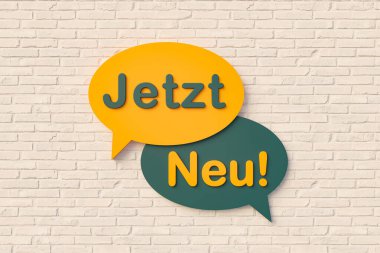 Jetzt neu. (Şimdi yeni) Konuşma balonu, tuğla duvara karşı sarı ve koyu yeşil ile metin. Mesaj, deyim, bilgi ve kavramları söylemek. 3B illüstrasyon