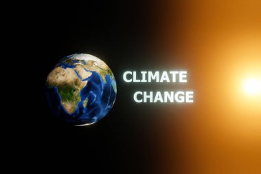 İklim Değişikliği sözleriyle Dünya Küresi. Güneşin ışıldayan ışınları dünyanın yüzeyinde parlar. İklim değişikliği konsepti. NASA 'dan Dünya haritası. 3B illüstrasyon.