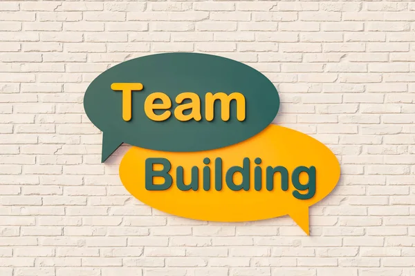 Team building - Cartoon speech bubble. Online chat bubble, text in yellow and dark green against a brick wall. Business, motivation, teamwork, together and inspiration. 3D illustration