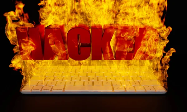 Burning computer keyboard in flames. Symbol for hacked hardware, computer or cyber crime. Internet fraud, cyber attack and cloud network security issues concepts. 3D illustration