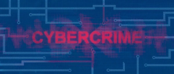 Cybercrime illuminated in red on a LED panel, framed by conductor paths and digital numbers. Cyber security concept, 3D illustration
