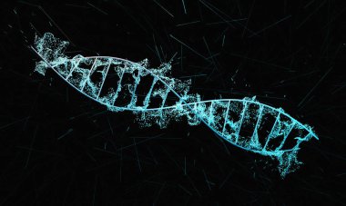 DNA moleküler yapısı. Soyut sembolik DNA ipliği veya DNA moleküler yapısı. Tıp bilimi, tedavi ya da ilaç geliştirmek için biyoteknoloji. Sağlık ve ilaç konsepti. 3B illüstrasyon