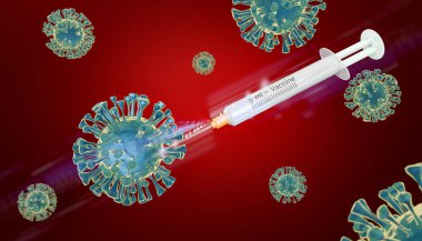 SARS-Cov 2 virüsü - Covid 19 hastalığı ve Corona virüsü aşılama sembolü olarak bir şırınga. Corona virüsü, Delta ve Omicron mutasyon konsepti. 3B illüstrasyon