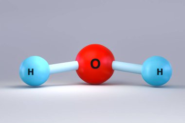 Su molekülü. Model olarak H2O su molekülü. Oksijen ve hidrojen bileşimi. 3B illüstrasyon