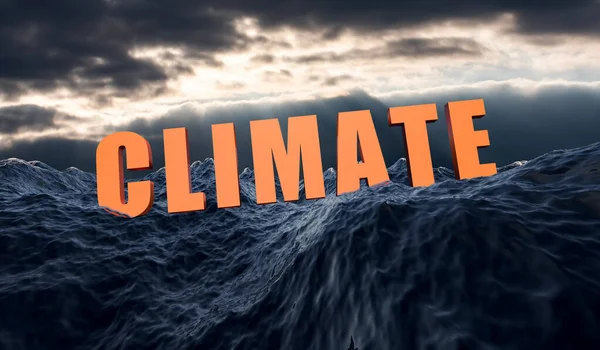 気候という言葉は嵐の海に沈む 気候変動による海面上昇の象徴 気候と環境の概念 3Dイラスト — ストック写真