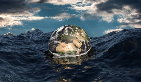 The earth sinks into the ocean. Rising sea level. Stormy ocean and dramatic sky. Global warming, climate change concept. Earth map from NASA gov. 3D illustration.