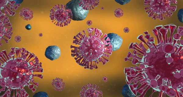 Corona virus, flu virus and influenza pandemic. Human cells attacked by Corona virus. Covid-19, influenza virus 3D Render, 3D Illustration