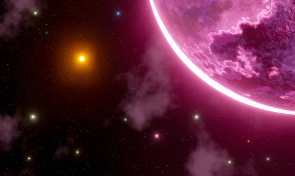 Uzayda Pembe Bir Gezegen Gezegeni Çevreleyen Renkli Yıldızlar Pembe Gaz — Stok fotoğraf