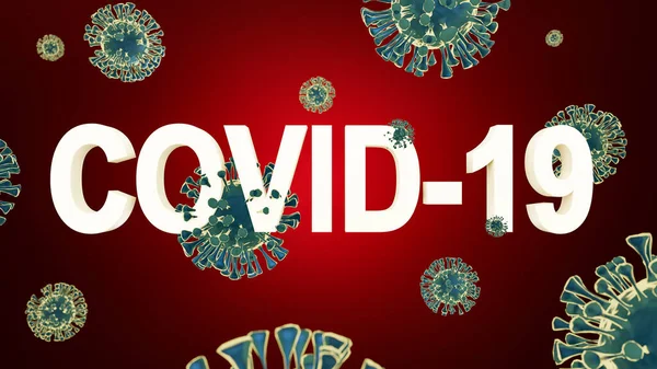 The word COVID-19 framed by some Coronaviruses of the SARS-CoV 2 virus. Corona virus, Delta and Omicron mutation concept. Corona virus, Delta and Omicron mutation concept. 3D illustration