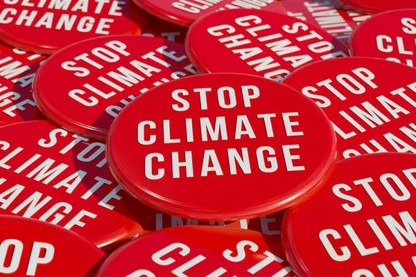 Parem Alterações Climáticas Emblemas Vermelhos Cima Mesa Mensagem Parar Mudança — Fotografia de Stock