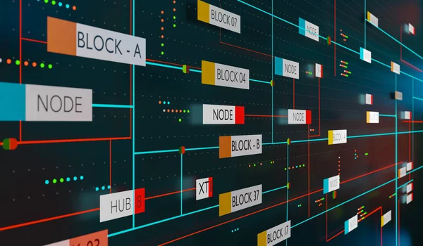 Node Tree. Control center or switch board in an industrial plant. Digital binary tree with nodes, blocks and switches and connection. 3D illustration