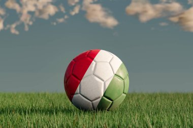 Macaristan 'ın ulusal renklerine sahip yeşil bir çayırda Macar futbolu. Deri az kullanılmış görünüm. Arkaplan mavisi ve bulutlar. Futbol ve spor konsepti. 3B illüstrasyon